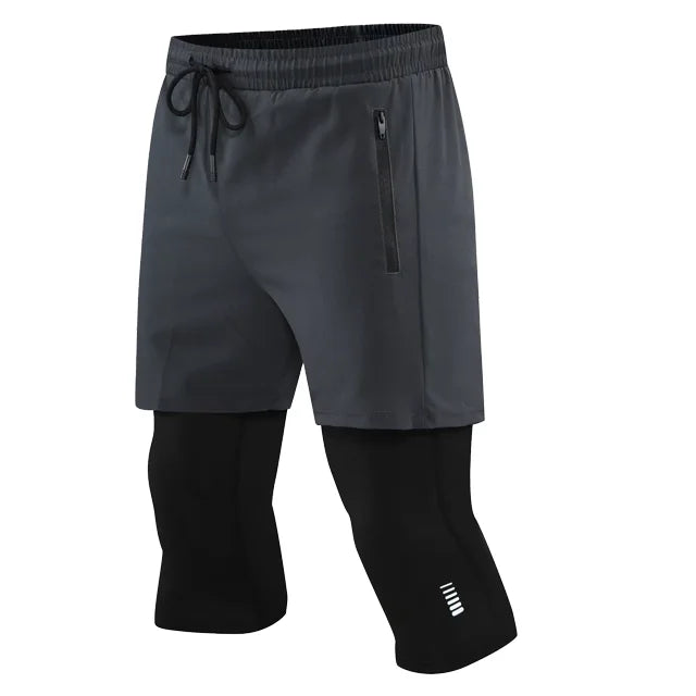 Men Tight Sport 2 In 1 Cropped Pants Elastic Quick-dry Compression Workout Training Exercise Running Sports Shorts