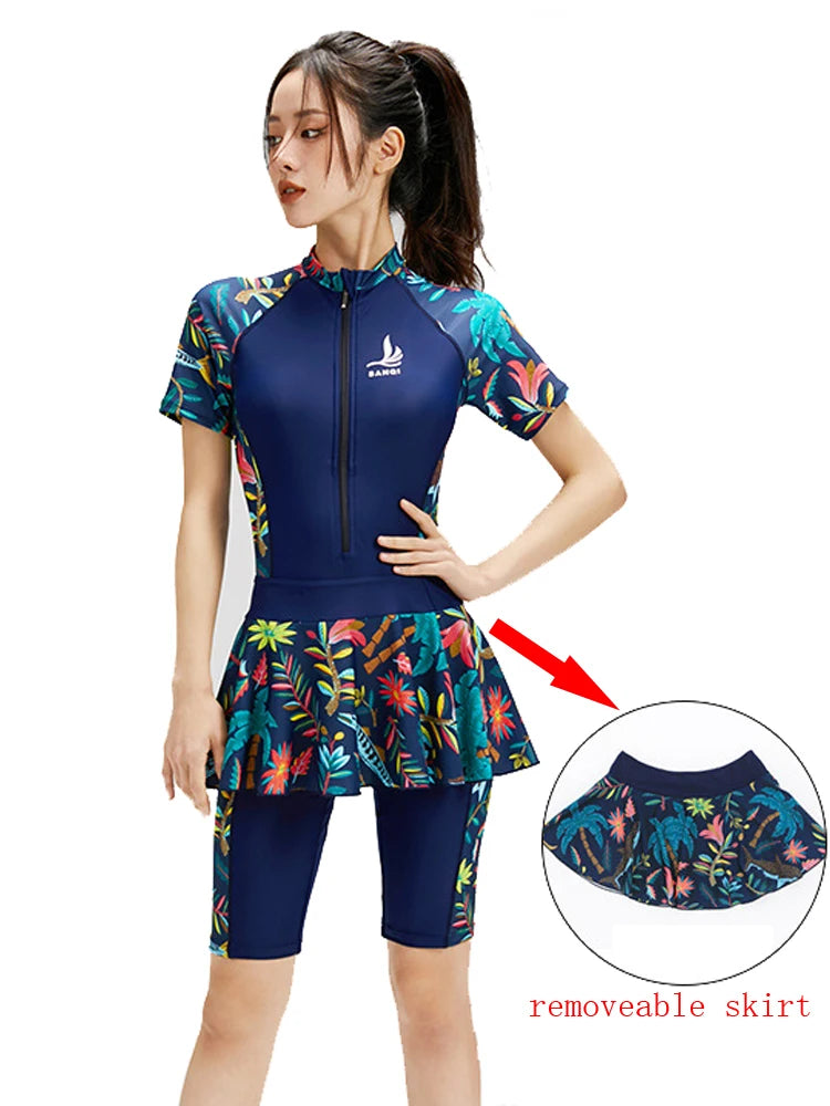 Fashion Modest Womens Swimwear Short Sleeve Swim Skirt Short Leg Swimming Suit