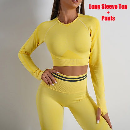 Seamless Yoga Pants Sports Gym Fitness Leggings Or Long Sleeve Tops Outfits Butt Lifting Slim Workout Sportswear Clothing - Fuzzy Sports