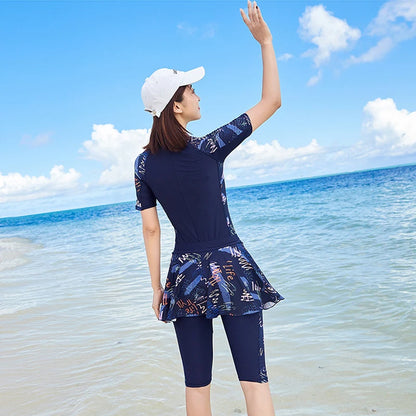 Fashion Modest Womens Swimwear Short Sleeve Swim Skirt Short Leg Swimming Suit