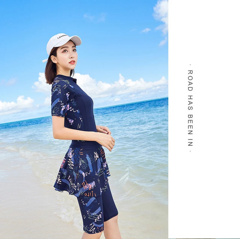 Fashion Modest Womens Swimwear Short Sleeve Swim Skirt Short Leg Swimming Suit