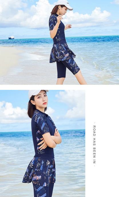 Fashion Modest Womens Swimwear Short Sleeve Swim Skirt Short Leg Swimming Suit