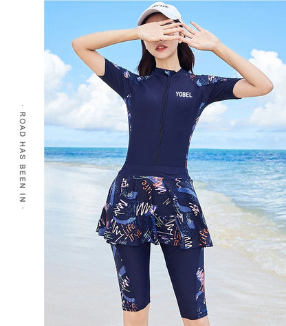 Fashion Modest Womens Swimwear Short Sleeve Swim Skirt Short Leg Swimming Suit