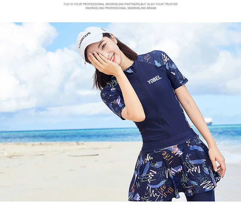 Fashion Modest Womens Swimwear Short Sleeve Swim Skirt Short Leg Swimming Suit