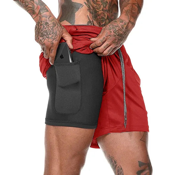 Mens Sportswear Shorts Double-Layer Running Shorts 2 In 1 Bottoms