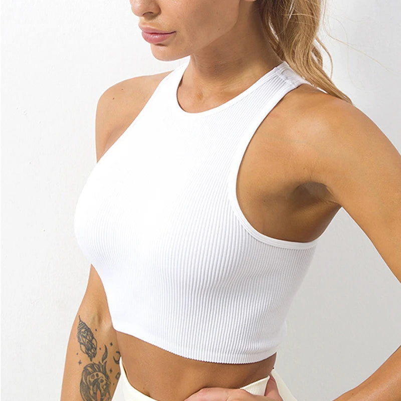 Womens Sports Vest Seamless Crop Top Rib Knit - Fuzzy Sports