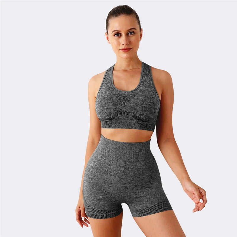2PCS Seamless Women Yoga Set Workout Sportswear Gym Clothing Fitness Long Sleeve Crop Top High Waist Shorts Sports Suit - Fuzzy Sports