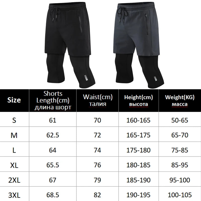 Men Tight Sport 2 In 1 Cropped Pants Elastic Quick-dry Compression Workout Training Exercise Running Sports Shorts