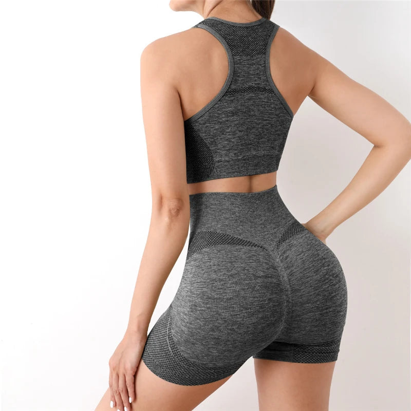 2PCS Seamless Women Yoga Set Workout Sportswear Gym Clothing Fitness Long Sleeve Crop Top High Waist Shorts Sports Suit - Fuzzy Sports