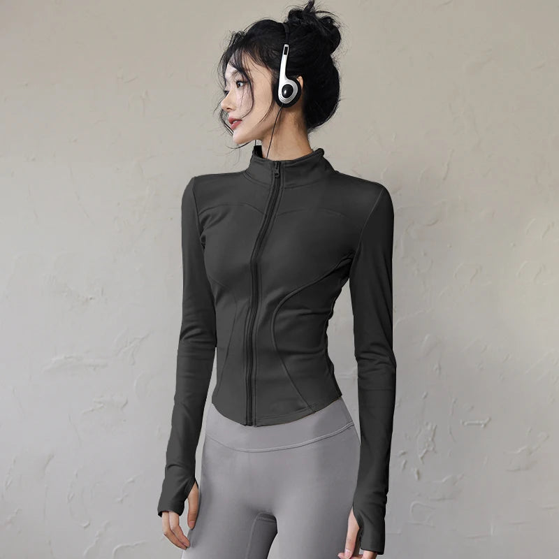 Womens Long Sleeve Sports Jacket Zipped Fitness Yoga Shirt - Fuzzy Sports