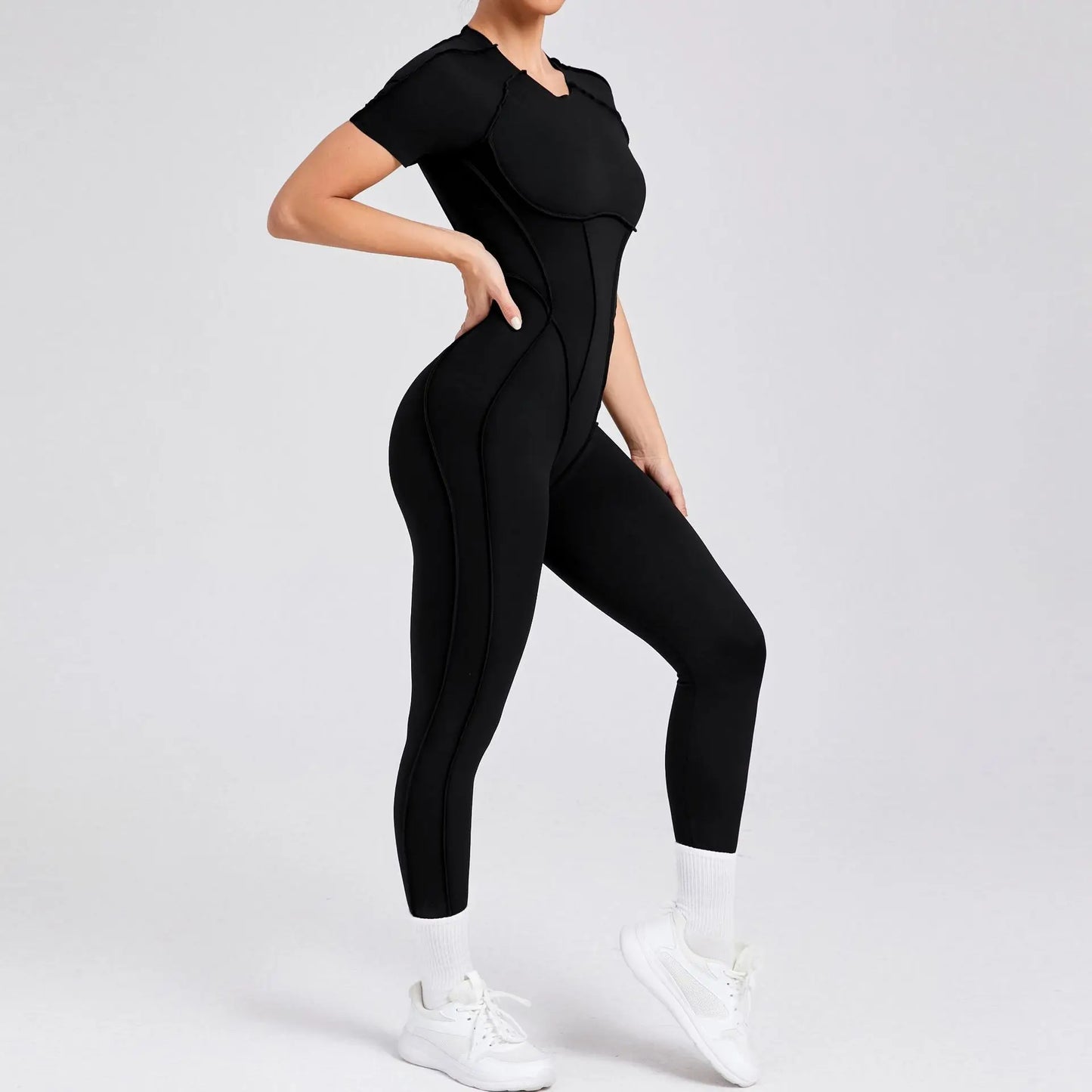 New Women's One-piece chest pad Yoga Jumpsuit leggings Short sleeve Backless