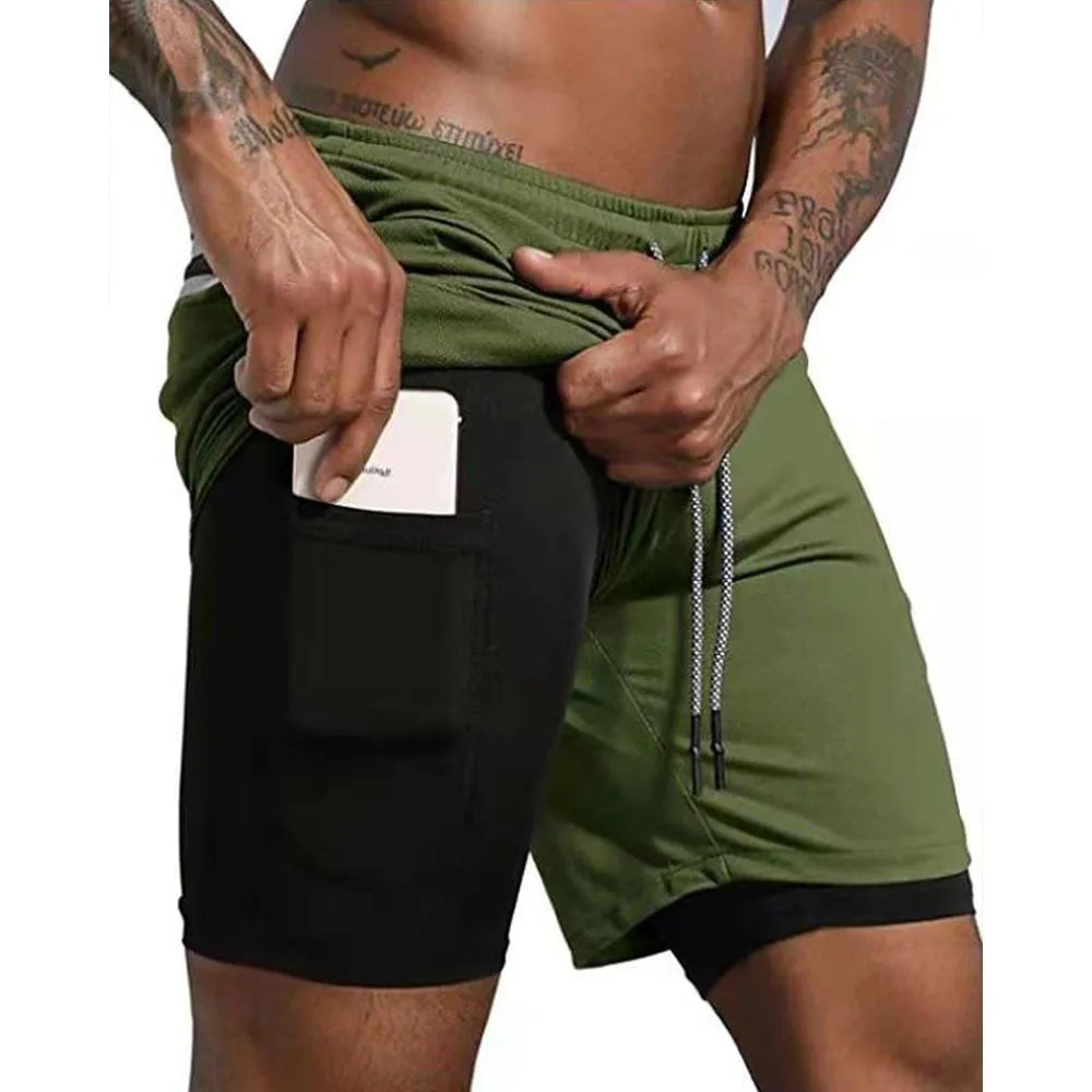 Mens Sportswear Shorts Double-Layer Running Shorts 2 In 1 Bottoms
