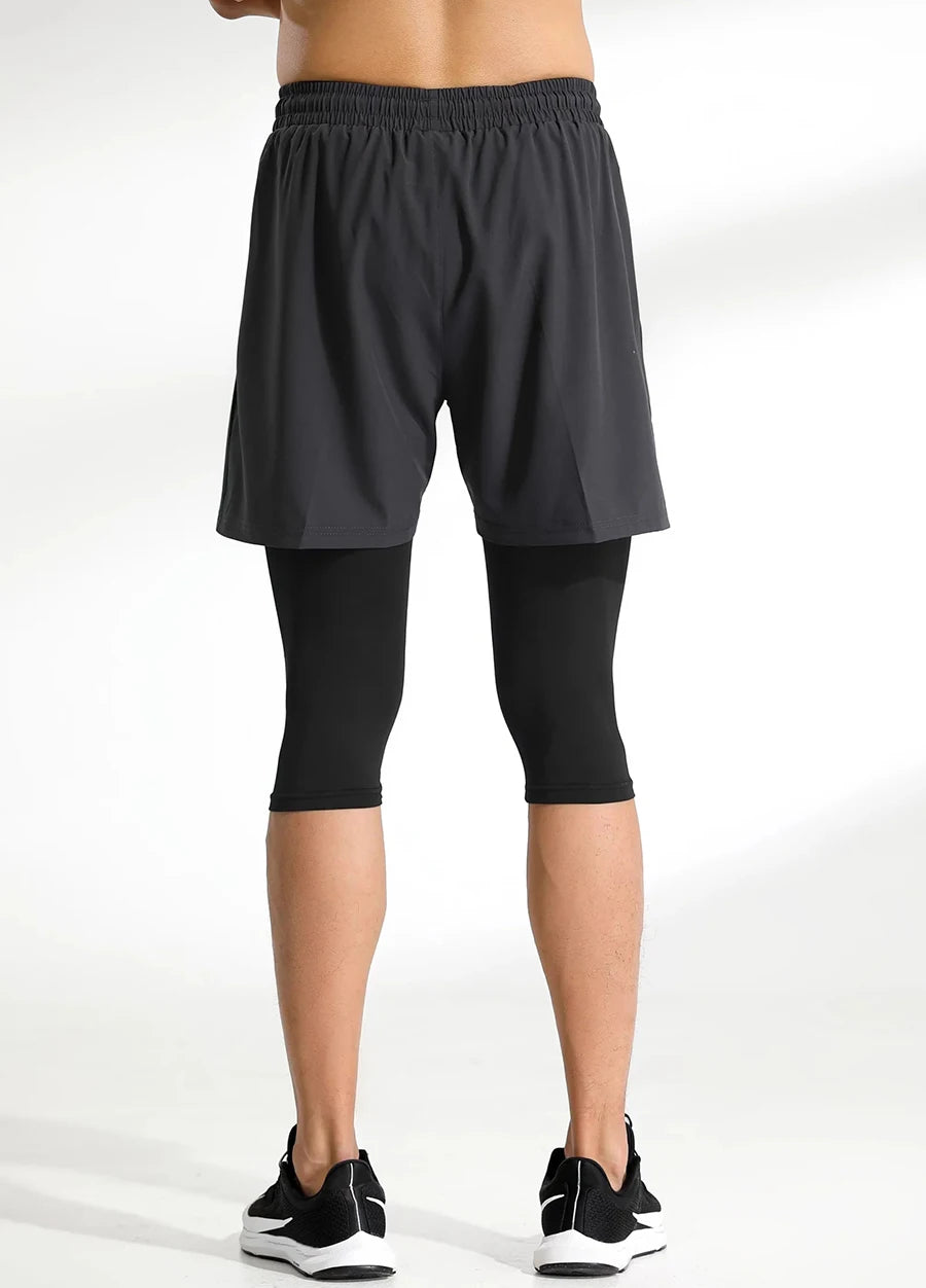 Men Tight Sport 2 In 1 Cropped Pants Elastic Quick-dry Compression Workout Training Exercise Running Sports Shorts