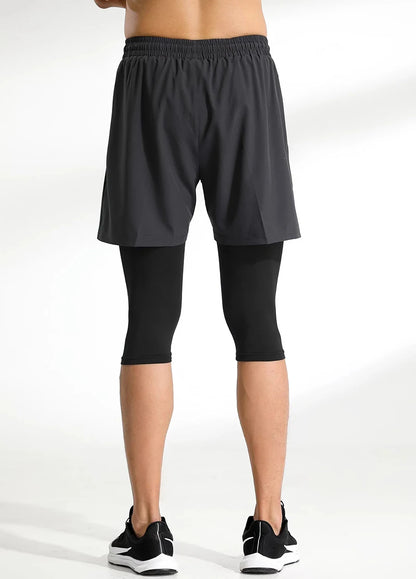 Men Tight Sport 2 In 1 Cropped Pants Elastic Quick-dry Compression Workout Training Exercise Running Sports Shorts