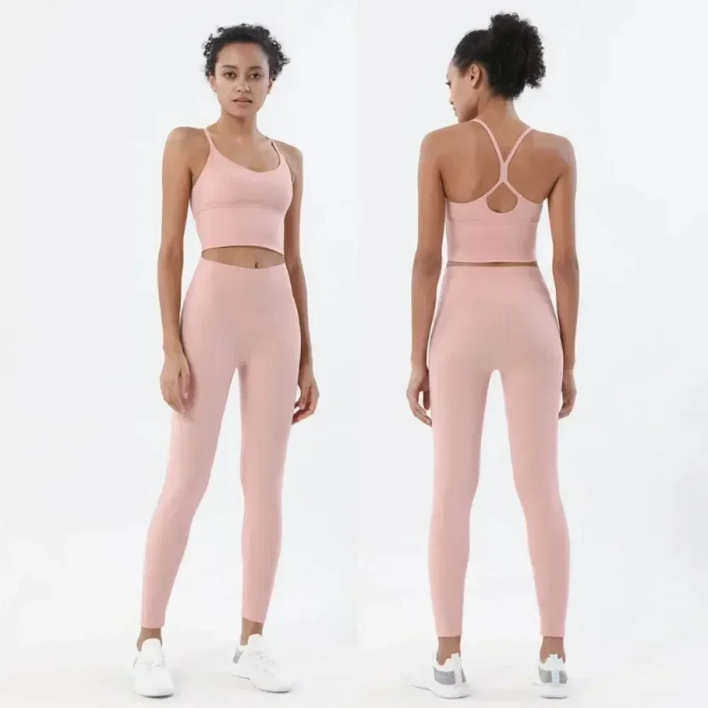 Womens Two Piece Gym Sports Crop Top and Leggings Outfit Nude Feel - Fuzzy Sports