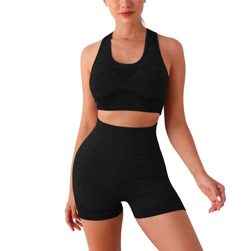 2PCS Seamless Women Yoga Set Workout Sportswear Gym Clothing Fitness Long Sleeve Crop Top High Waist Shorts Sports Suit - Fuzzy Sports