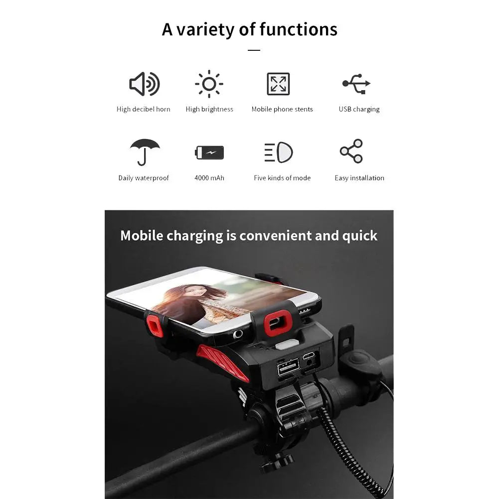 1PCS 4-in-1 Mobile Phone Holder Headlight Horn Convenient Portable Bicycle USB Charging Light Bicycle Accessories Dropshipping
