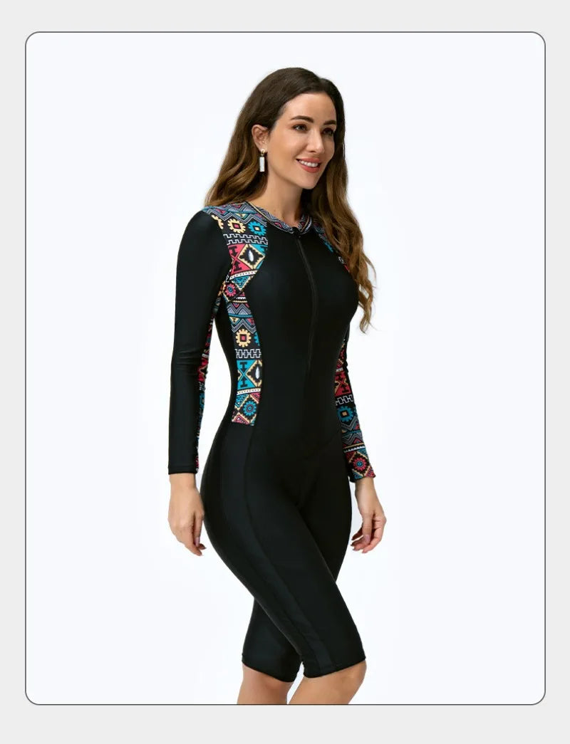 Women One-piece Short Leg Swimsuit Long Sleeved