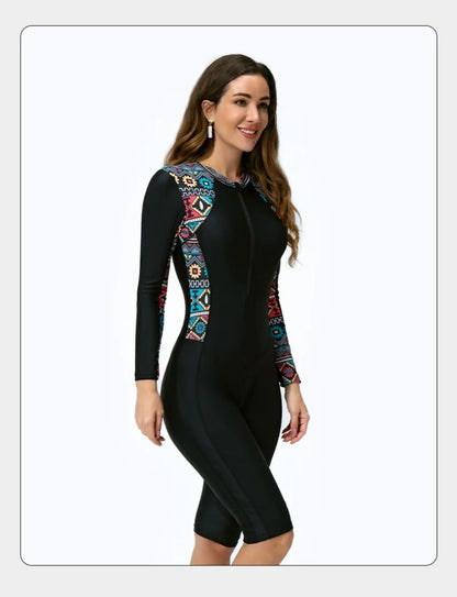 Women One-piece Short Leg Swimsuit Long Sleeved