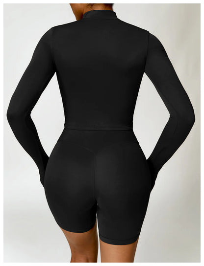 Women's Outdoor Running Fitness Wear Set Long sleeved Single Piece Top And Shorts - Fuzzy Sports