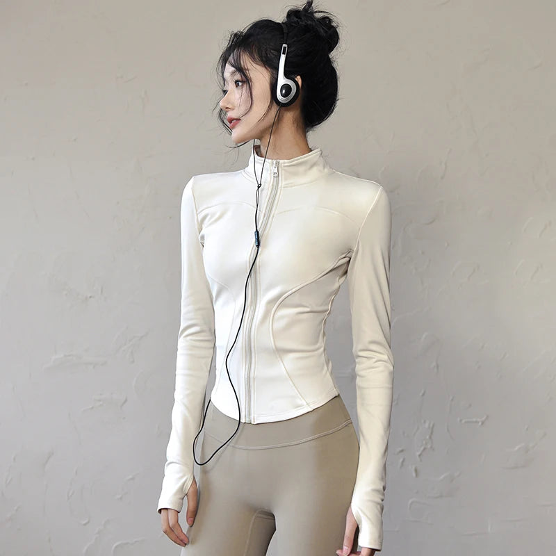 Womens Long Sleeve Sports Jacket Zipped Fitness Yoga Shirt - Fuzzy Sports