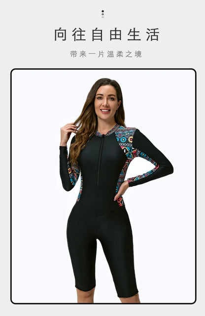 Women One-piece Short Leg Swimsuit Long Sleeved