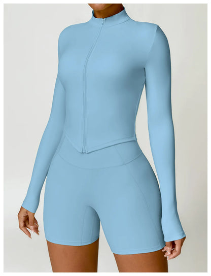 Women's Outdoor Running Fitness Wear Set Long sleeved Single Piece Top And Shorts - Fuzzy Sports