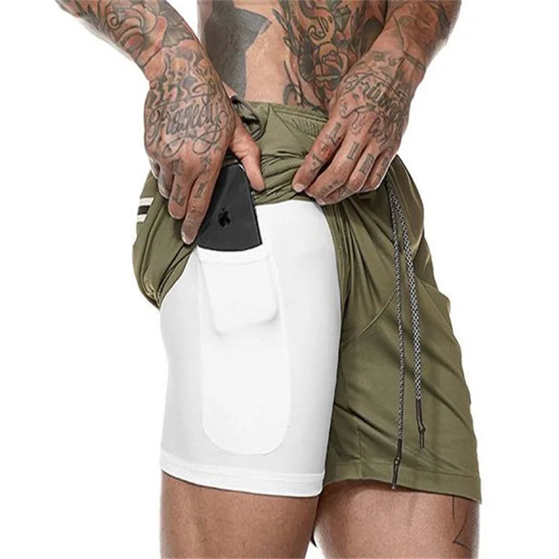 Mens Sportswear Shorts Double-Layer Running Shorts 2 In 1 Bottoms