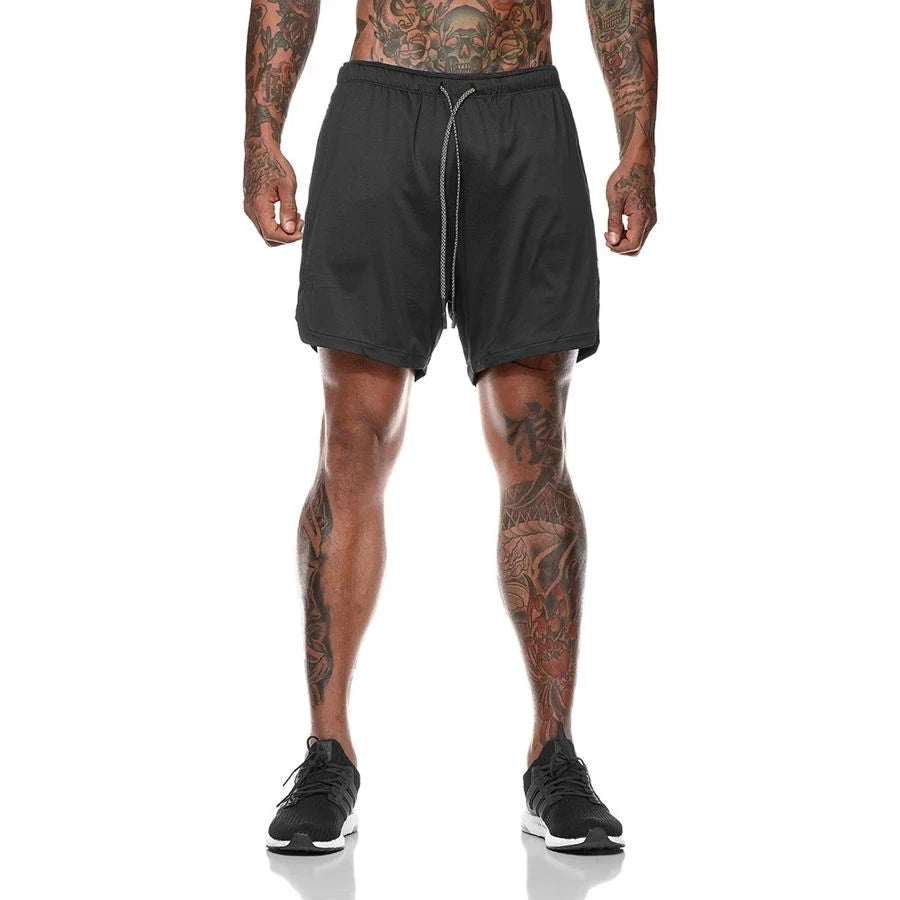 Mens Sportswear Shorts Double-Layer Running Shorts 2 In 1 Bottoms