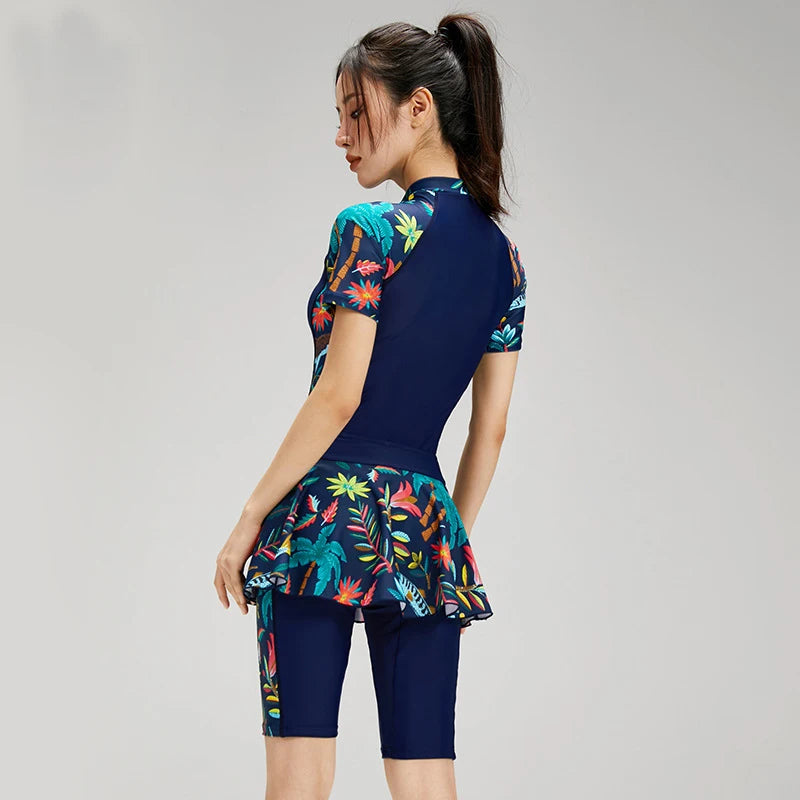 Fashion Modest Womens Swimwear Short Sleeve Swim Skirt Short Leg Swimming Suit