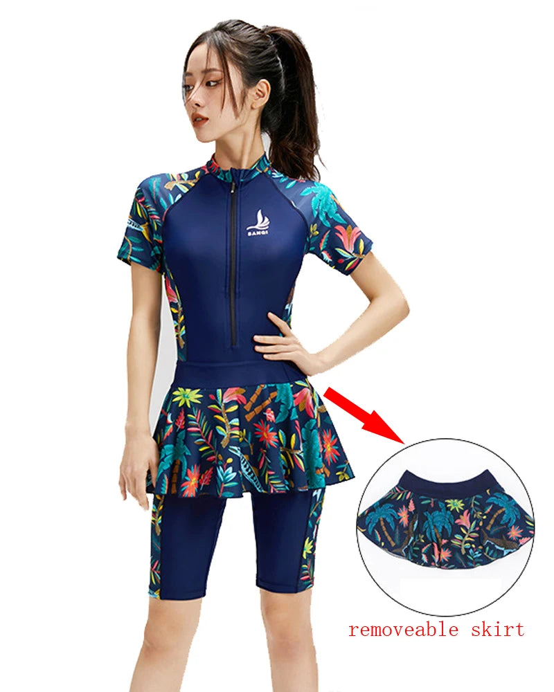Fashion Modest Womens Swimwear Short Sleeve Swim Skirt Short Leg Swimming Suit