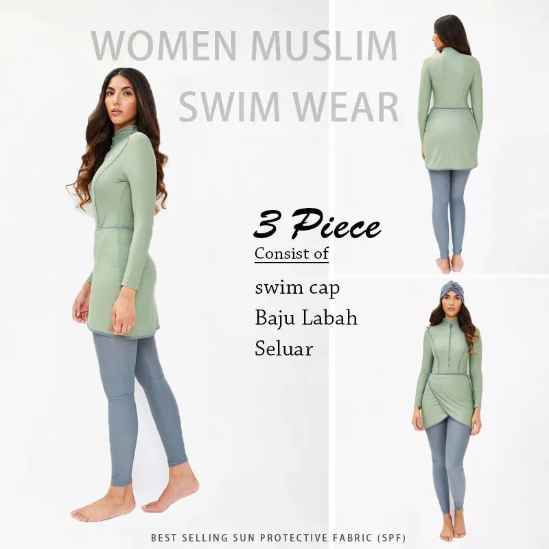3PCS Muslim Swimwear Women Long Sleeve Swimsuit Muslimah Swimming Burkini Turban Pants maillots de bains musulmans maillot femme