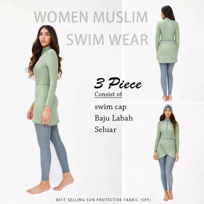 3PCS Muslim Swimwear Women Long Sleeve Swimsuit Muslimah Swimming Burkini Turban Pants maillots de bains musulmans maillot femme