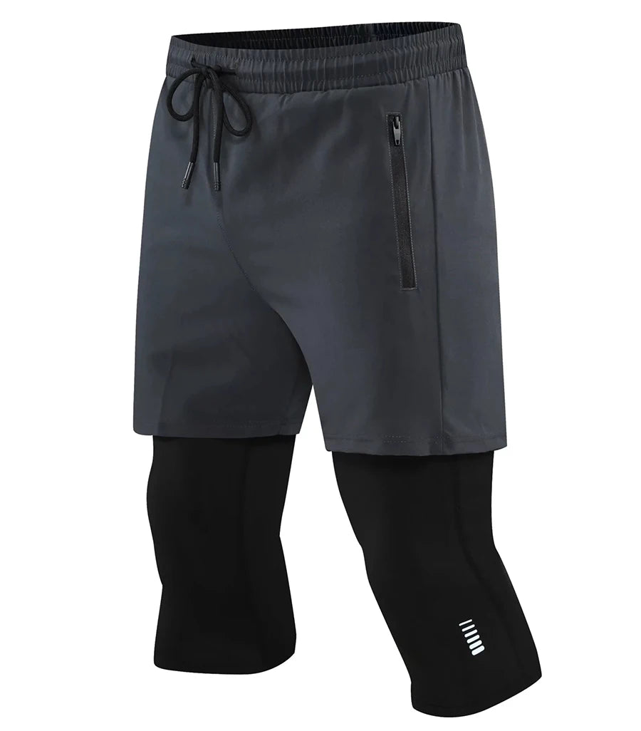 Men Tight Sport 2 In 1 Cropped Pants Elastic Quick-dry Compression Workout Training Exercise Running Sports Shorts