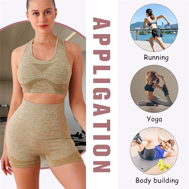 2PCS Seamless Women Yoga Set Workout Sportswear Gym Clothing Fitness Long Sleeve Crop Top High Waist Shorts Sports Suit - Fuzzy Sports