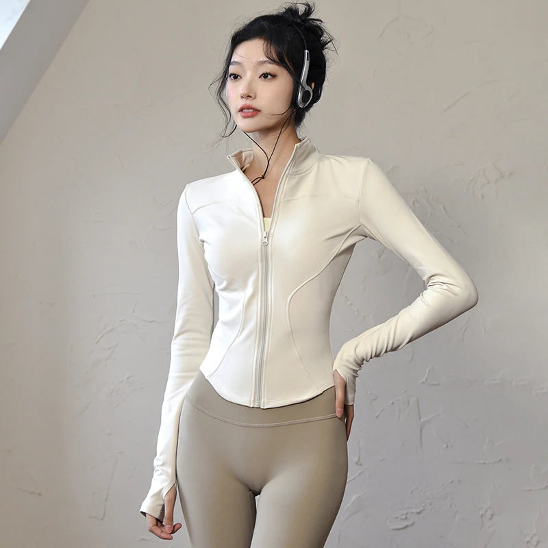 Womens Long Sleeve Sports Jacket Zipped Fitness Yoga Shirt - Fuzzy Sports