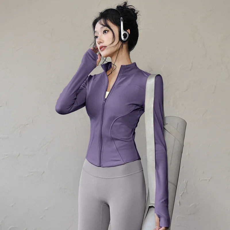 Womens Long Sleeve Sports Jacket Zipped Fitness Yoga Shirt - Fuzzy Sports