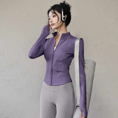 Womens Long Sleeve Sports Jacket Zipped Fitness Yoga Shirt - Fuzzy Sports