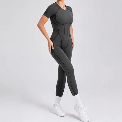 New Women's One-piece chest pad Yoga Jumpsuit leggings Short sleeve Backless