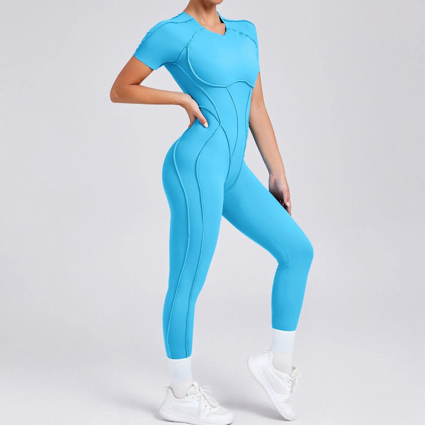 New Women's One-piece chest pad Yoga Jumpsuit leggings Short sleeve Backless