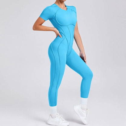 New Women's One-piece chest pad Yoga Jumpsuit leggings Short sleeve Backless