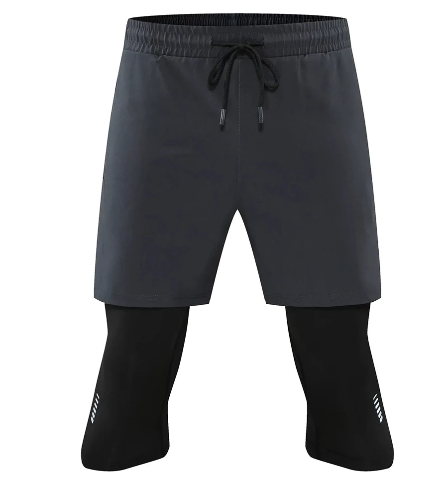 Men Tight Sport 2 In 1 Cropped Pants Elastic Quick-dry Compression Workout Training Exercise Running Sports Shorts