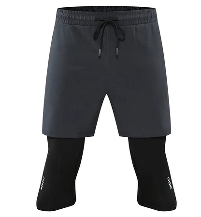 Men Tight Sport 2 In 1 Cropped Pants Elastic Quick-dry Compression Workout Training Exercise Running Sports Shorts