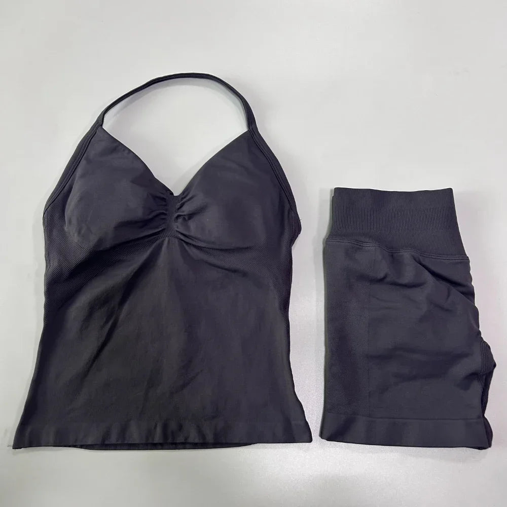 2 Pieces Impact Sports Set Women Backless Tank Yoga Tops High Waist Scrunch Seamless Shorts Sport Gym Set Sportswear Workout Set