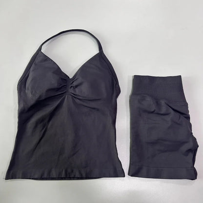 2 Pieces Impact Sports Set Women Backless Tank Yoga Tops High Waist Scrunch Seamless Shorts Sport Gym Set Sportswear Workout Set