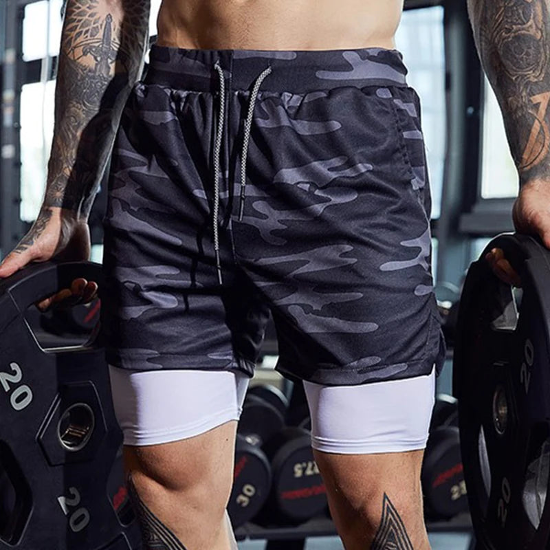 Mens Sportswear Shorts Double-Layer Running Shorts 2 In 1 Bottoms
