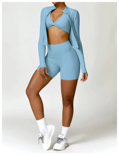 Women's Outdoor Running Fitness Wear Set Long sleeved Single Piece Top And Shorts - Fuzzy Sports