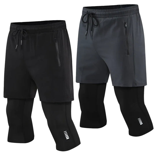 Men Tight Sport 2 In 1 Cropped Pants Elastic Quick-dry Compression Workout Training Exercise Running Sports Shorts