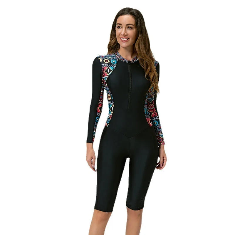 Women One-piece Short Leg Swimsuit Long Sleeved