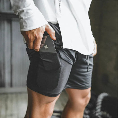 Mens Sportswear Shorts Double-Layer Running Shorts 2 In 1 Bottoms
